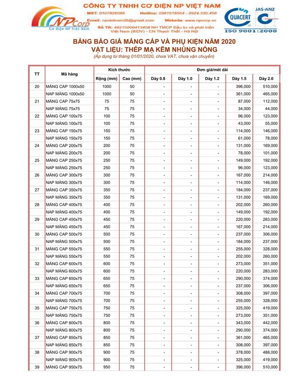 Bảng giá máng cáp mạ nhúng nóng 2020 Bảng giá máng cáp mạ nhúng nóng 2020