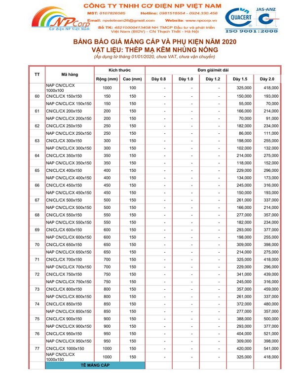Bảng giá máng cáp mạ nhúng nóng 2020 Bảng giá máng cáp mạ nhúng nóng 2020