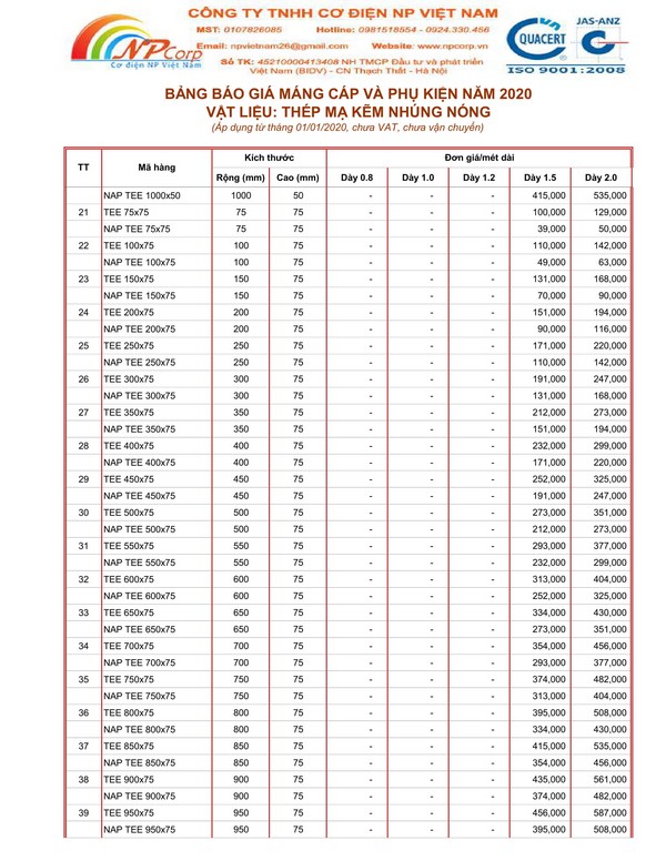 Bảng giá máng cáp mạ nhúng nóng 2020 Bảng giá máng cáp mạ nhúng nóng 2020