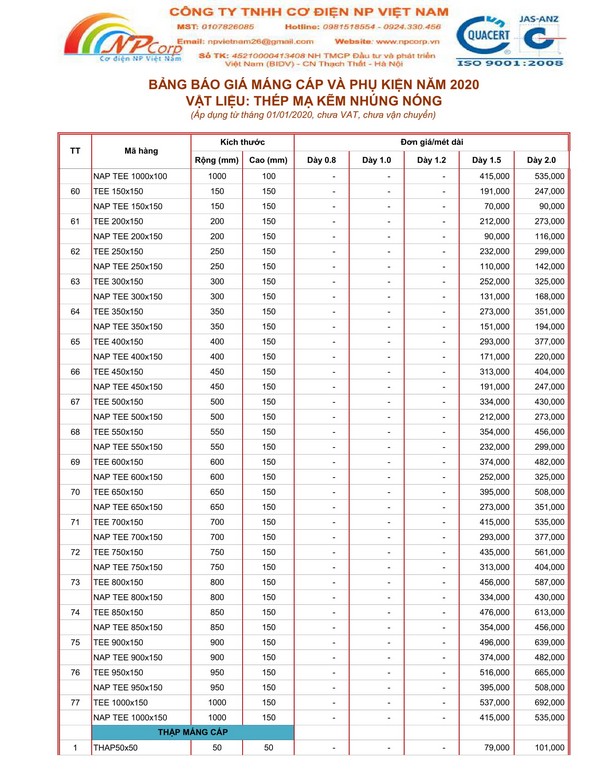 Bảng giá máng cáp mạ nhúng nóng 2020 Bảng giá máng cáp mạ nhúng nóng 2020
