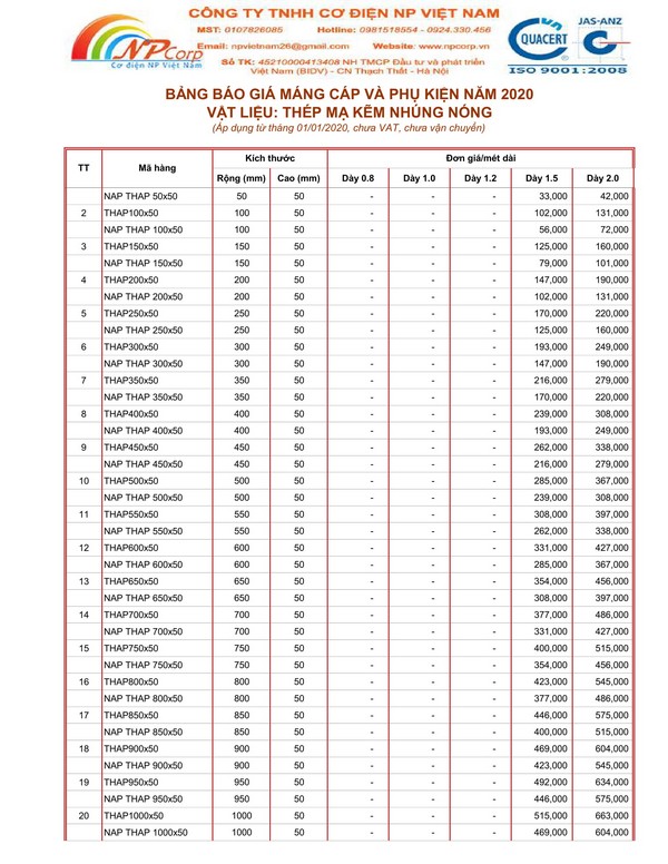 Bảng giá máng cáp mạ nhúng nóng 2020 Bảng giá máng cáp mạ nhúng nóng 2020