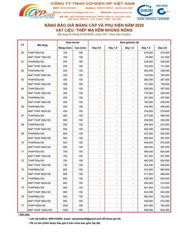 Bảng giá máng cáp mạ nhúng nóng 2020 Bảng giá máng cáp mạ nhúng nóng 2020