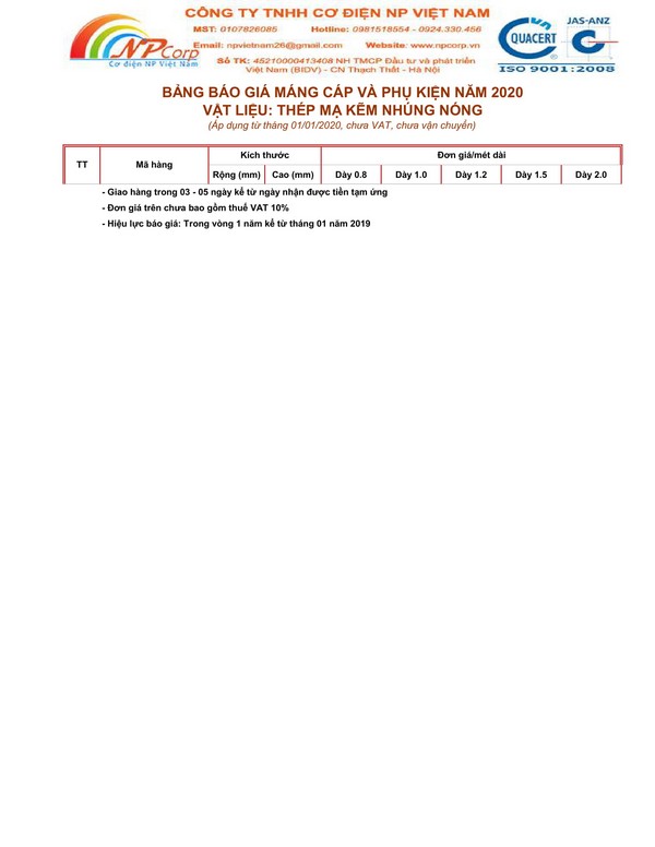 Bảng giá máng cáp mạ nhúng nóng 2020 Bảng giá máng cáp mạ nhúng nóng 2020
