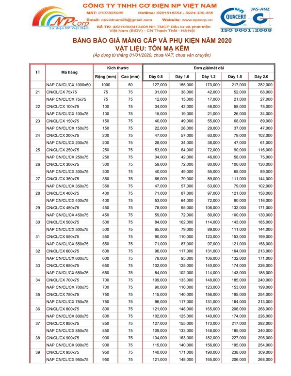 Bảng giá máng cáp mạ kẽm 2020 Bảng giá máng cáp mạ kẽm 2020