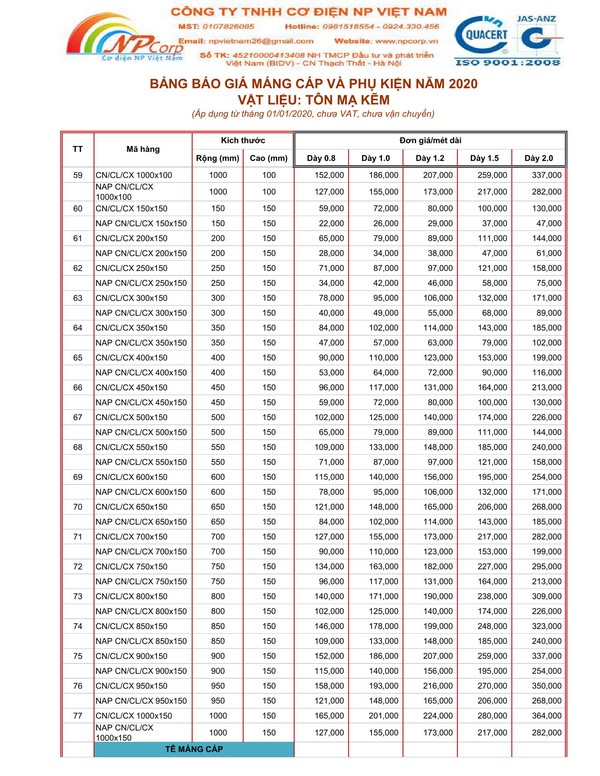 Bảng giá máng cáp mạ kẽm 2020 Bảng giá máng cáp mạ kẽm 2020
