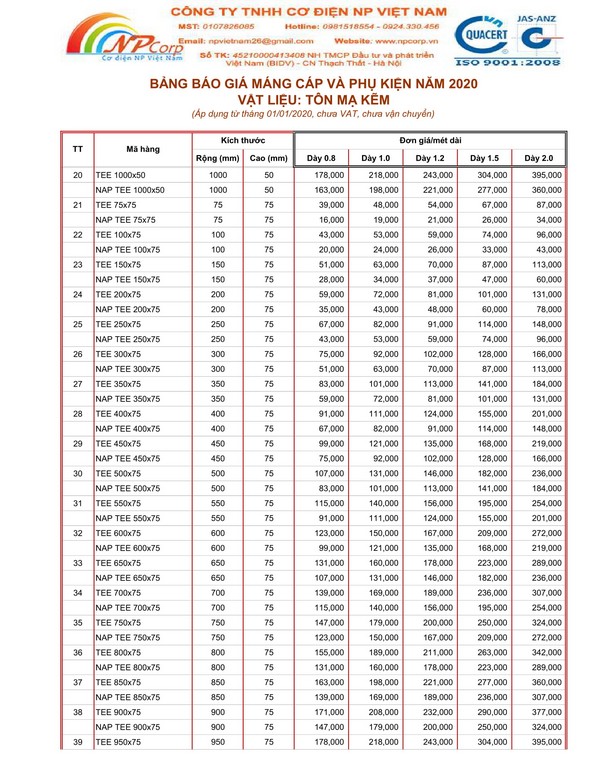 Bảng giá máng cáp mạ kẽm 2020 Bảng giá máng cáp mạ kẽm 2020