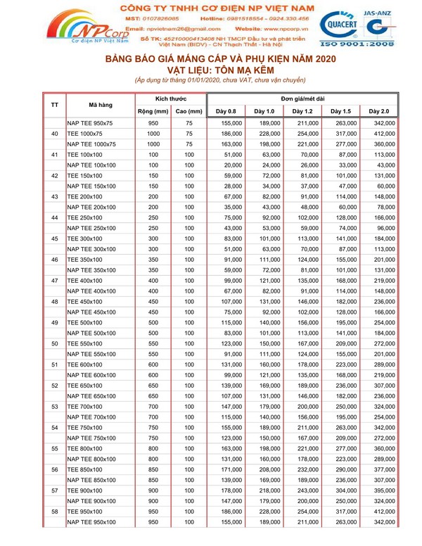 Bảng giá máng cáp mạ kẽm 2020 Bảng giá máng cáp mạ kẽm 2020