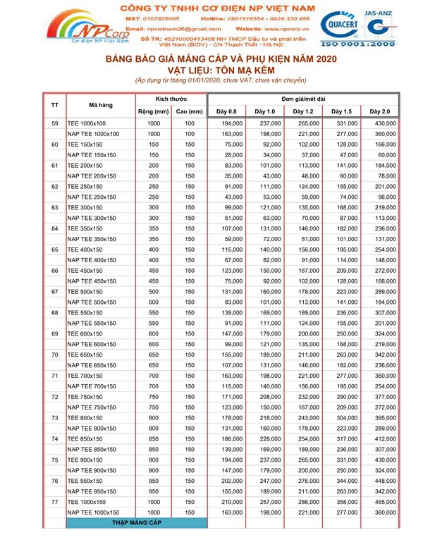 Bảng giá máng cáp mạ kẽm 2020 Bảng giá máng cáp mạ kẽm 2020
