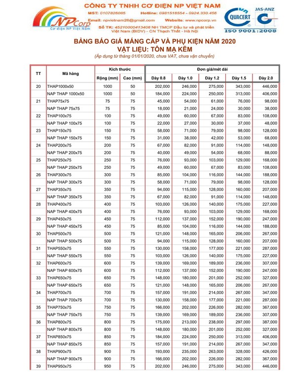 Bảng giá máng cáp mạ kẽm 2020 Bảng giá máng cáp mạ kẽm 2020