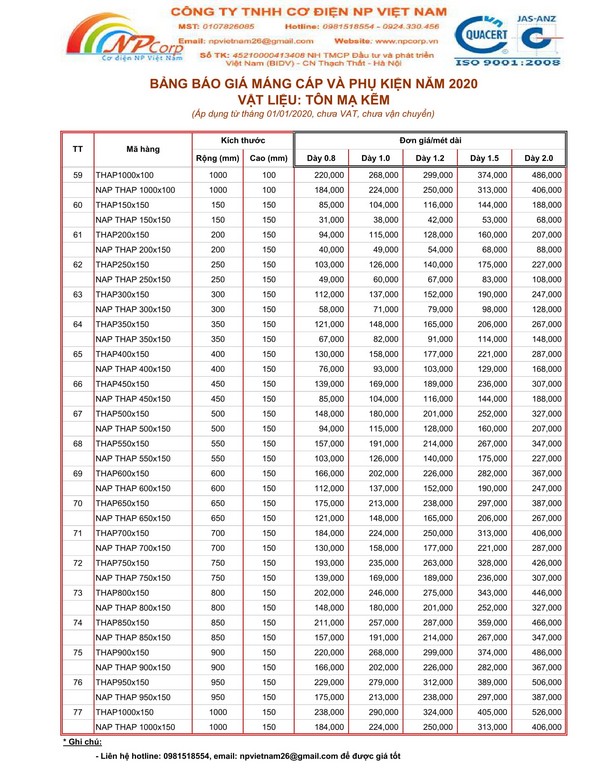Bảng giá máng cáp mạ kẽm 2020 Bảng giá máng cáp mạ kẽm 2020
