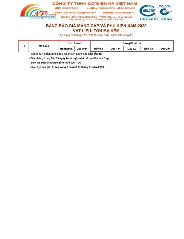 Bảng giá máng cáp mạ kẽm 2020 Bảng giá máng cáp mạ kẽm 2020