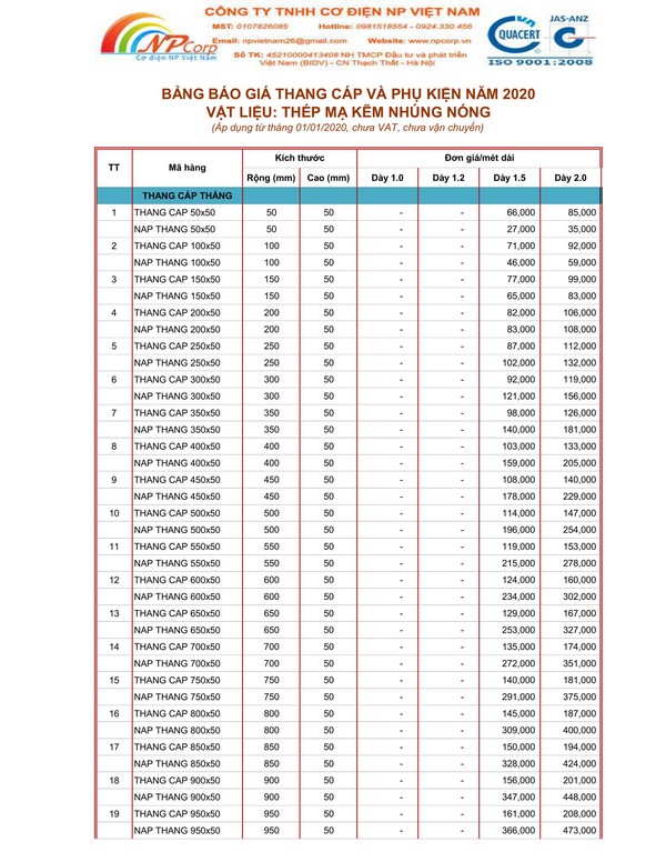 Bảng giá thang cáp mạ nhúng nóng 2020 Bảng giá thang cáp mạ nhúng nóng 2020