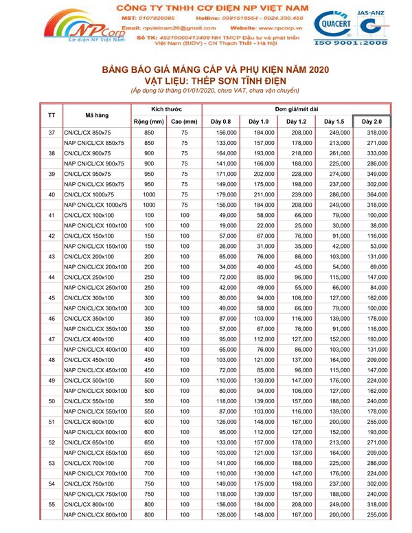 Bảng giá máng cáp sơn tĩnh điện 2020 Bảng giá máng cáp sơn tĩnh điện 2020