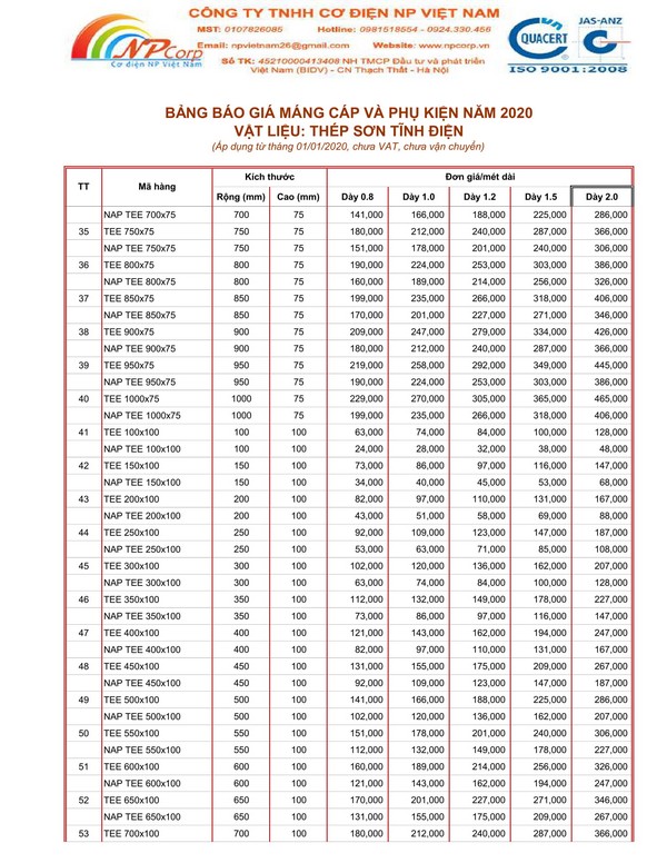 Bảng giá máng cáp sơn tĩnh điện 2020 Bảng giá máng cáp sơn tĩnh điện 2020