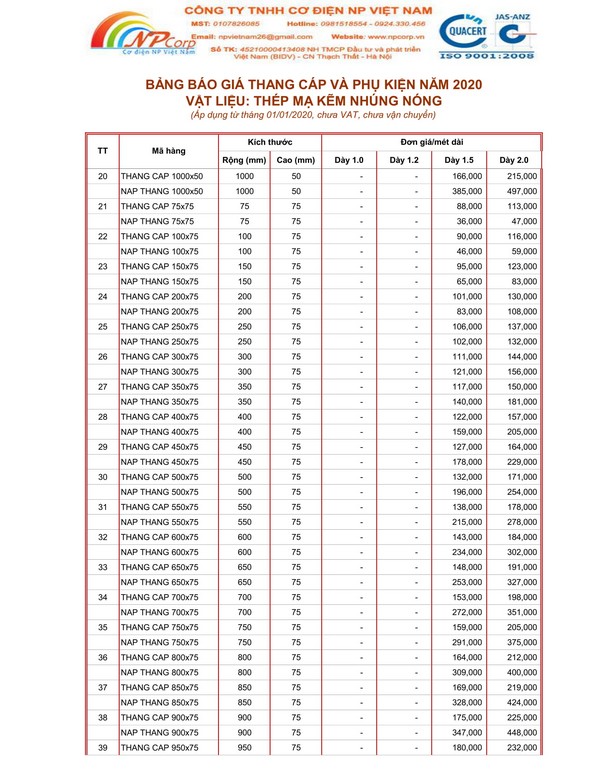 Bảng giá thang cáp mạ nhúng nóng 2020 Bảng giá thang cáp mạ nhúng nóng 2020