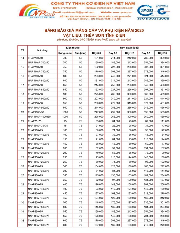 Bảng giá máng cáp sơn tĩnh điện 2020 Bảng giá máng cáp sơn tĩnh điện 2020