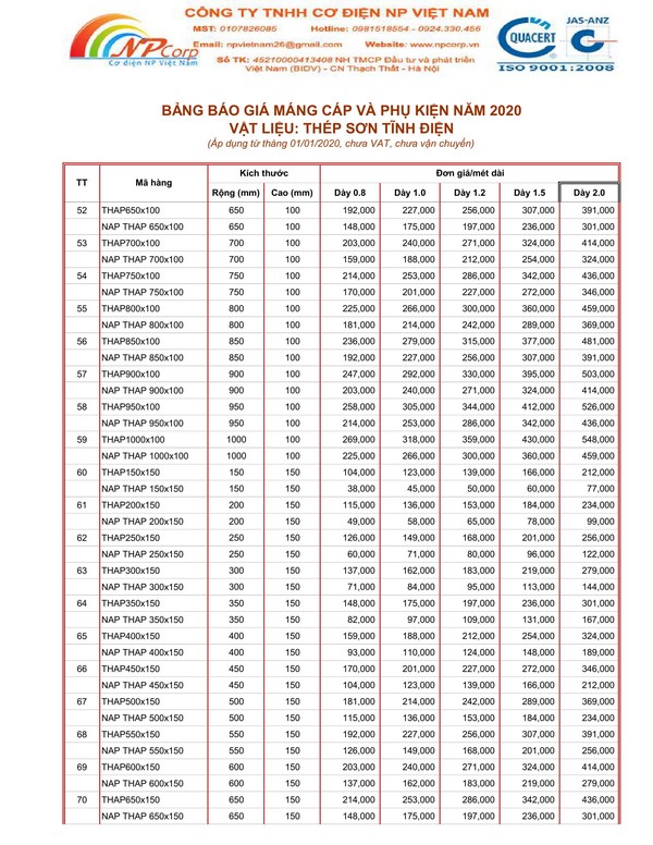 Bảng giá máng cáp sơn tĩnh điện 2020 Bảng giá máng cáp sơn tĩnh điện 2020