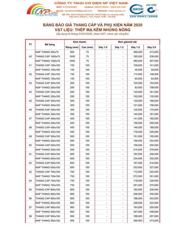 Bảng giá thang cáp mạ nhúng nóng 2020 Bảng giá thang cáp mạ nhúng nóng 2020
