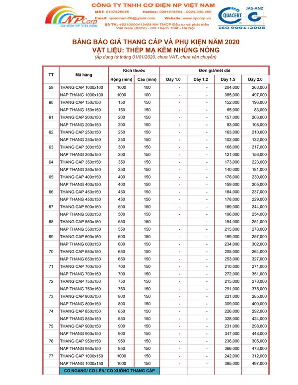 Bảng giá thang cáp mạ nhúng nóng 2020 Bảng giá thang cáp mạ nhúng nóng 2020