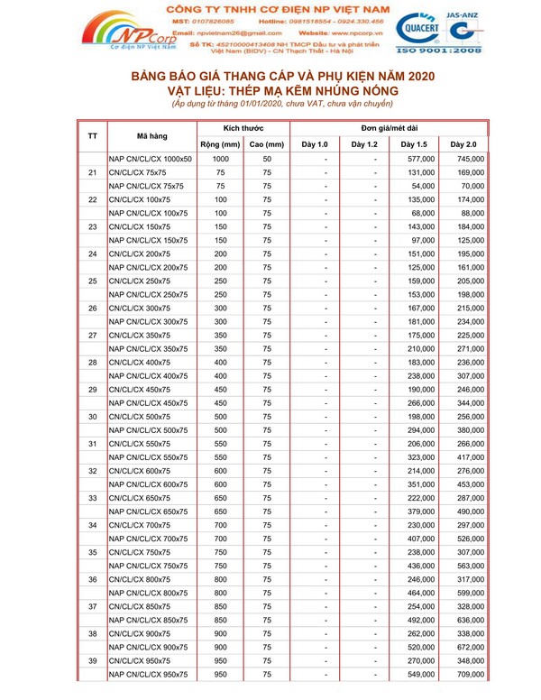 Bảng giá thang cáp mạ nhúng nóng 2020 Bảng giá thang cáp mạ nhúng nóng 2020