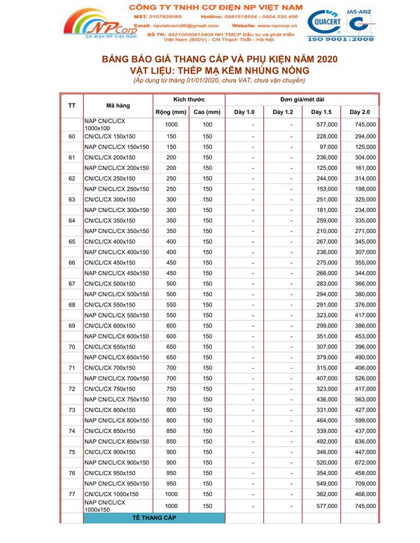 Bảng giá thang cáp mạ nhúng nóng 2020 Bảng giá thang cáp mạ nhúng nóng 2020