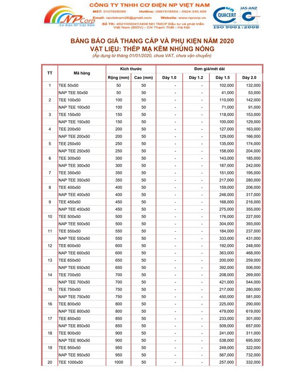 Bảng giá thang cáp mạ nhúng nóng 2020 Bảng giá thang cáp mạ nhúng nóng 2020