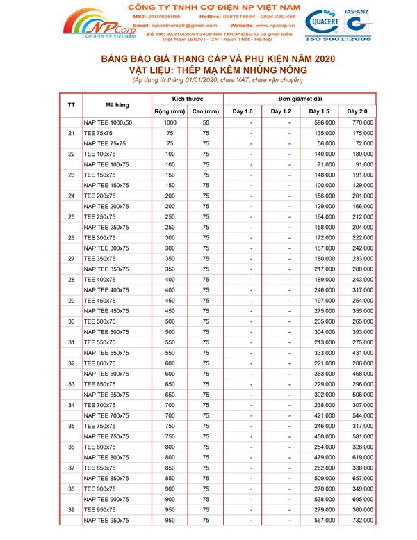 Bảng giá thang cáp mạ nhúng nóng 2020 Bảng giá thang cáp mạ nhúng nóng 2020