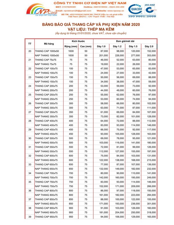 Bảng giá thang cáp mạ kẽm 2020 Bảng giá thang cáp mạ kẽm 2020