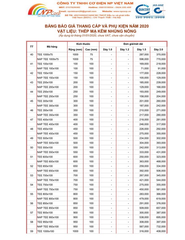 Bảng giá thang cáp mạ nhúng nóng 2020 Bảng giá thang cáp mạ nhúng nóng 2020