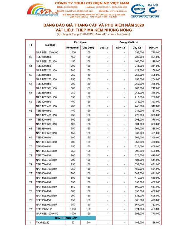 Bảng giá thang cáp mạ nhúng nóng 2020 Bảng giá thang cáp mạ nhúng nóng 2020