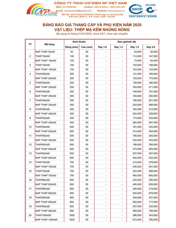 Bảng giá thang cáp mạ nhúng nóng 2020 Bảng giá thang cáp mạ nhúng nóng 2020
