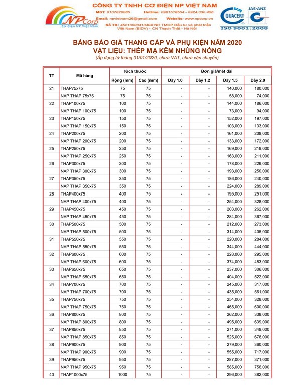 Bảng giá thang cáp mạ nhúng nóng 2020 Bảng giá thang cáp mạ nhúng nóng 2020