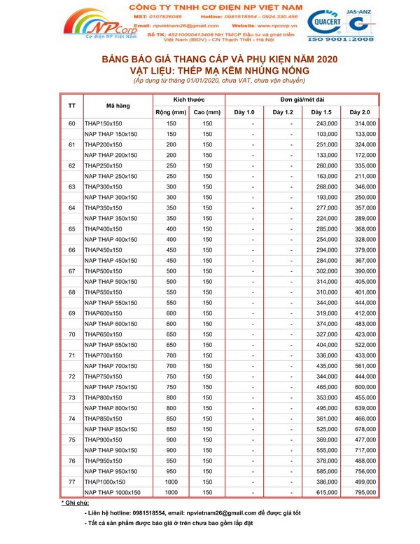 Bảng giá thang cáp mạ nhúng nóng 2020 Bảng giá thang cáp mạ nhúng nóng 2020