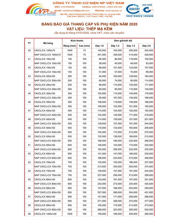 Bảng giá thang cáp mạ kẽm 2020 Bảng giá thang cáp mạ kẽm 2020