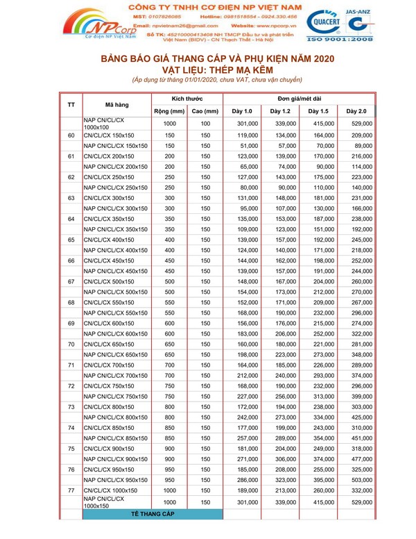 Bảng giá thang cáp mạ kẽm 2020 Bảng giá thang cáp mạ kẽm 2020