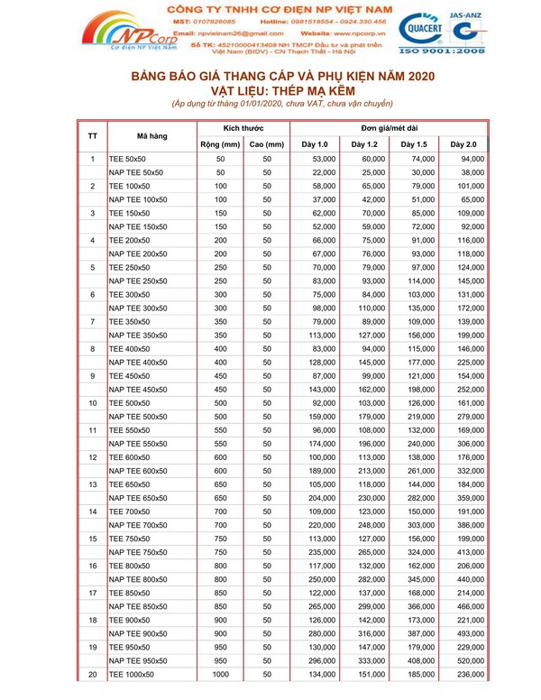 Bảng giá thang cáp mạ kẽm 2020 Bảng giá thang cáp mạ kẽm 2020