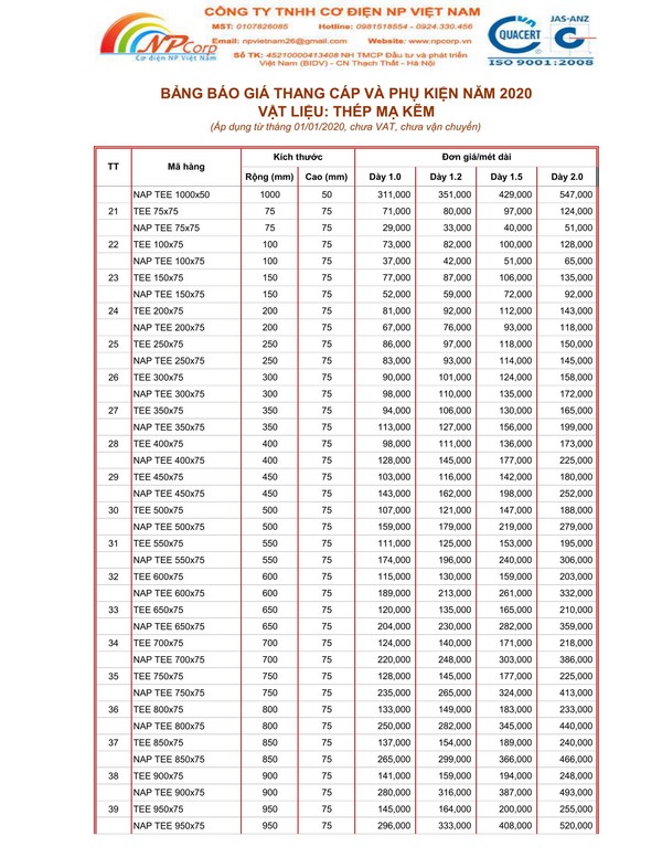 Bảng giá thang cáp mạ kẽm 2020 Bảng giá thang cáp mạ kẽm 2020