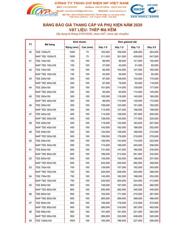Bảng giá thang cáp mạ kẽm 2020 Bảng giá thang cáp mạ kẽm 2020