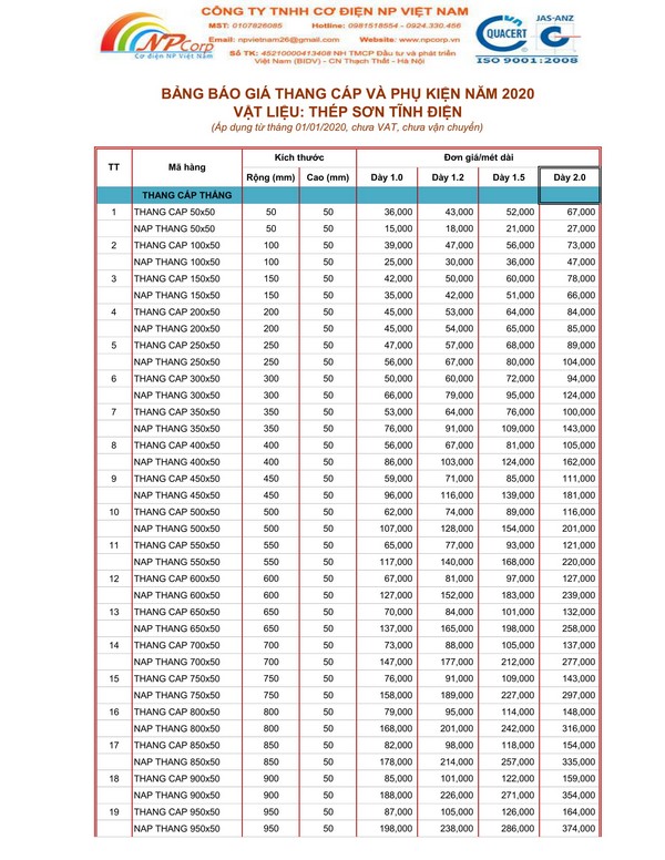 Bảng giá thang cáp sơn tĩnh điện 2020 Bảng giá thang cáp sơn tĩnh điện 2020