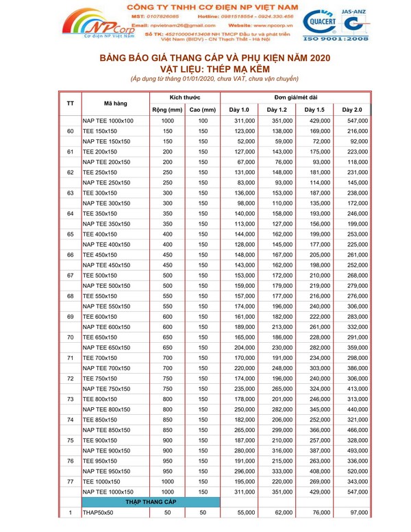 Bảng giá thang cáp mạ kẽm 2020 Bảng giá thang cáp mạ kẽm 2020