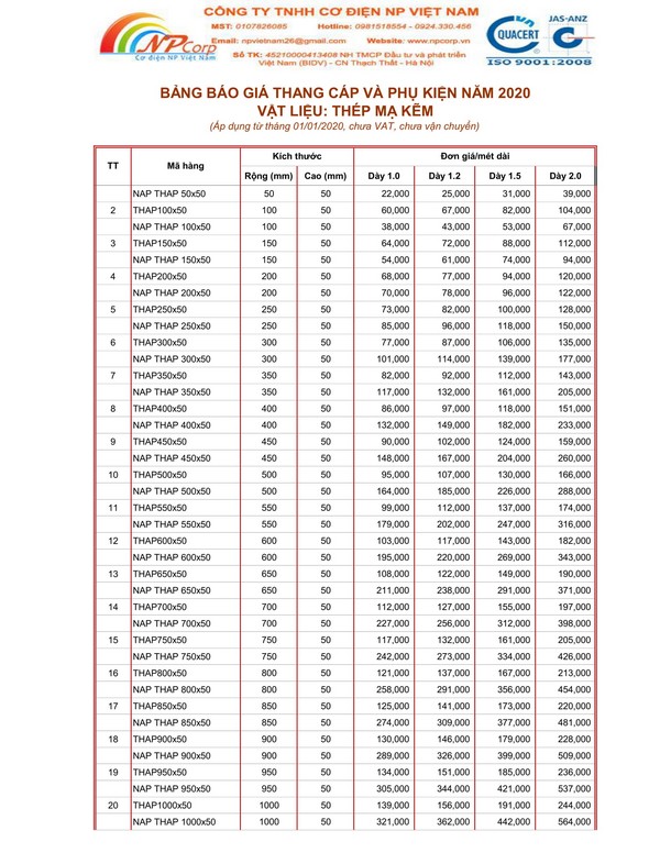 Bảng giá thang cáp mạ kẽm 2020 Bảng giá thang cáp mạ kẽm 2020