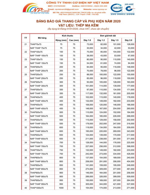 Bảng giá thang cáp mạ kẽm 2020 Bảng giá thang cáp mạ kẽm 2020