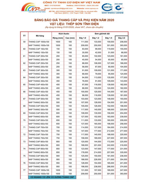 Bảng giá thang cáp sơn tĩnh điện 2020 Bảng giá thang cáp sơn tĩnh điện 2020