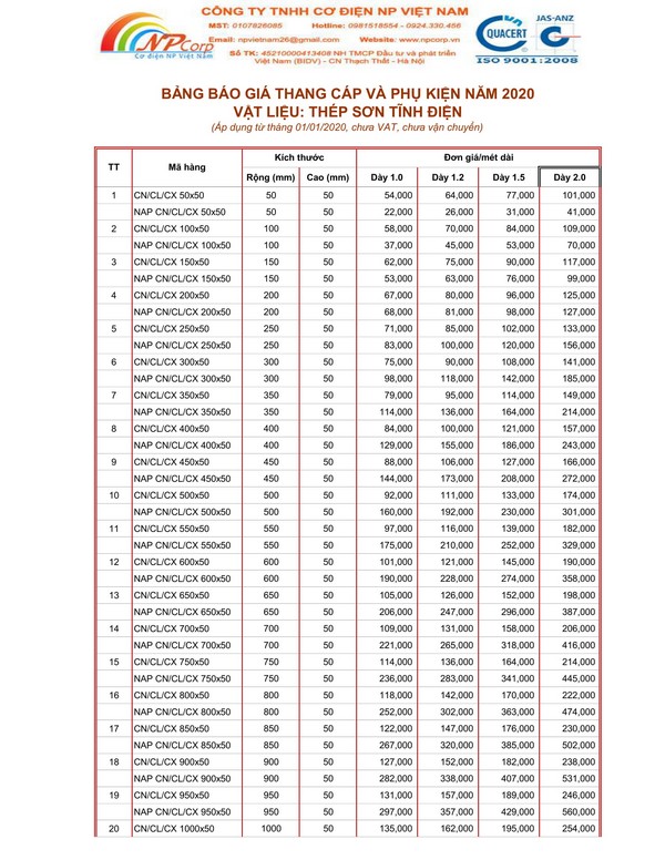 Bảng giá thang cáp sơn tĩnh điện 2020 Bảng giá thang cáp sơn tĩnh điện 2020
