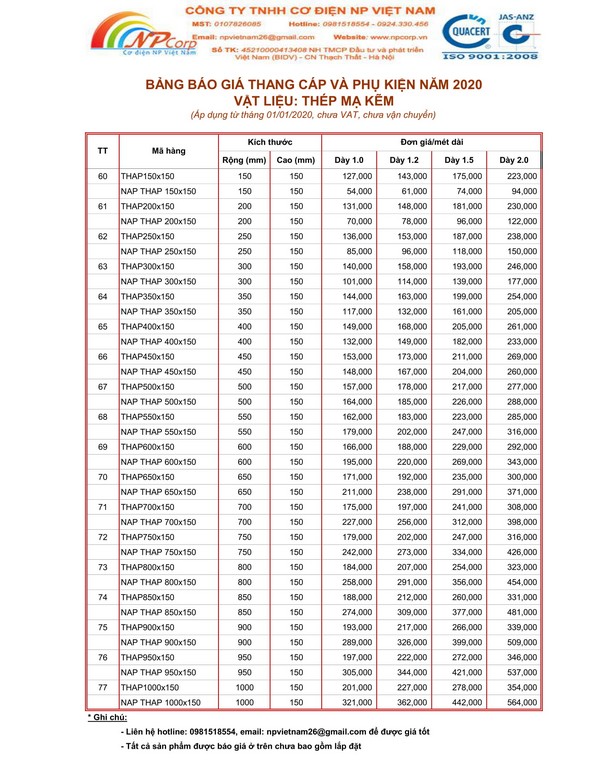 Bảng giá thang cáp mạ kẽm 2020 Bảng giá thang cáp mạ kẽm 2020
