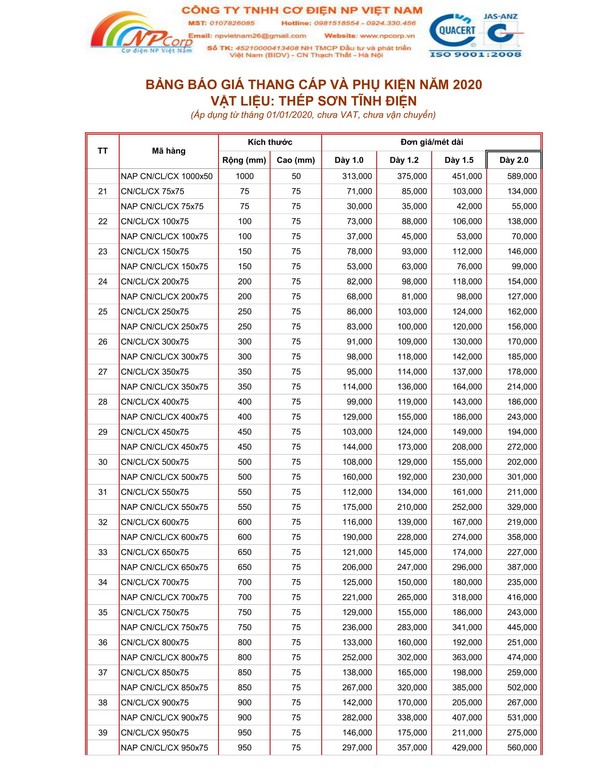Bảng giá thang cáp sơn tĩnh điện 2020 Bảng giá thang cáp sơn tĩnh điện 2020