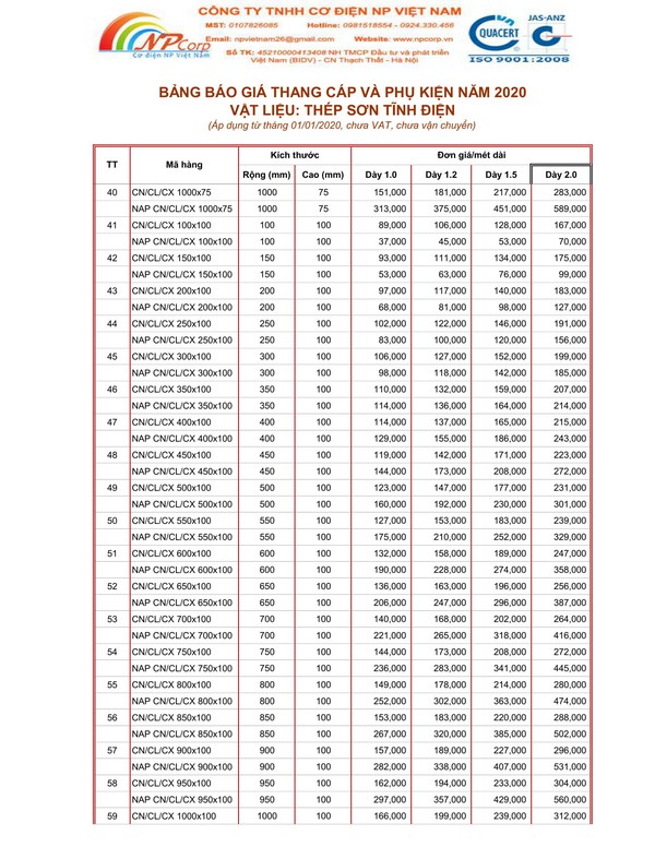 Bảng giá thang cáp sơn tĩnh điện 2020 Bảng giá thang cáp sơn tĩnh điện 2020