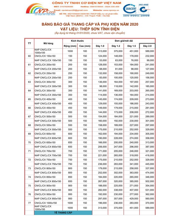 Bảng giá thang cáp sơn tĩnh điện 2020 Bảng giá thang cáp sơn tĩnh điện 2020