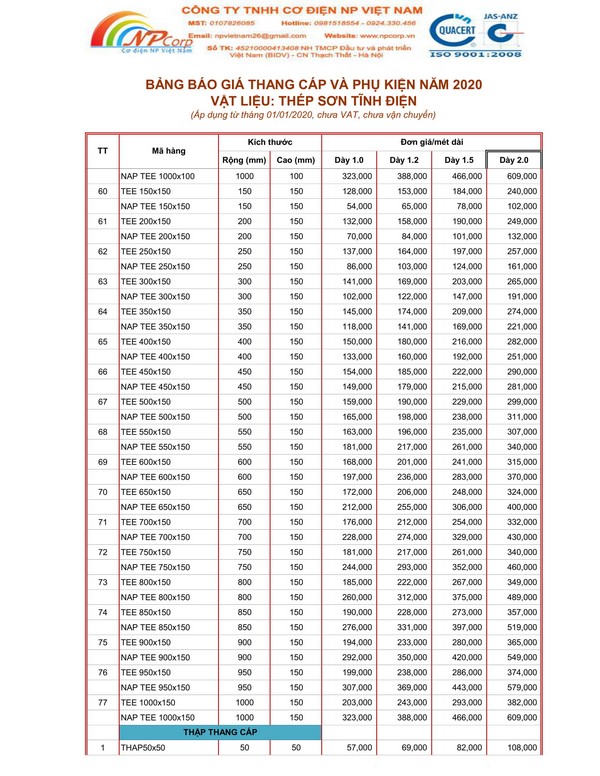 Bảng giá thang cáp sơn tĩnh điện 2020 Bảng giá thang cáp sơn tĩnh điện 2020