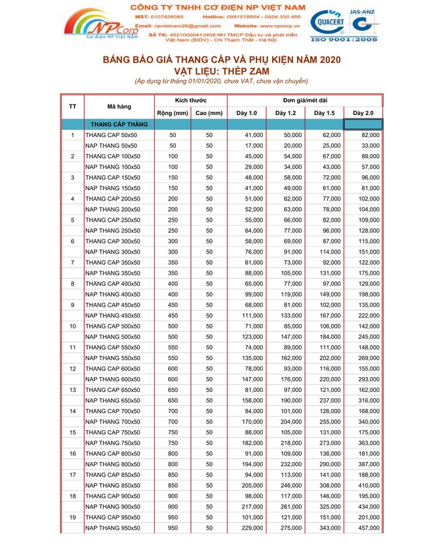 Bảng giá thang cáp tôn ZAM 2020 Bảng giá thang cáp tôn ZAM 2020